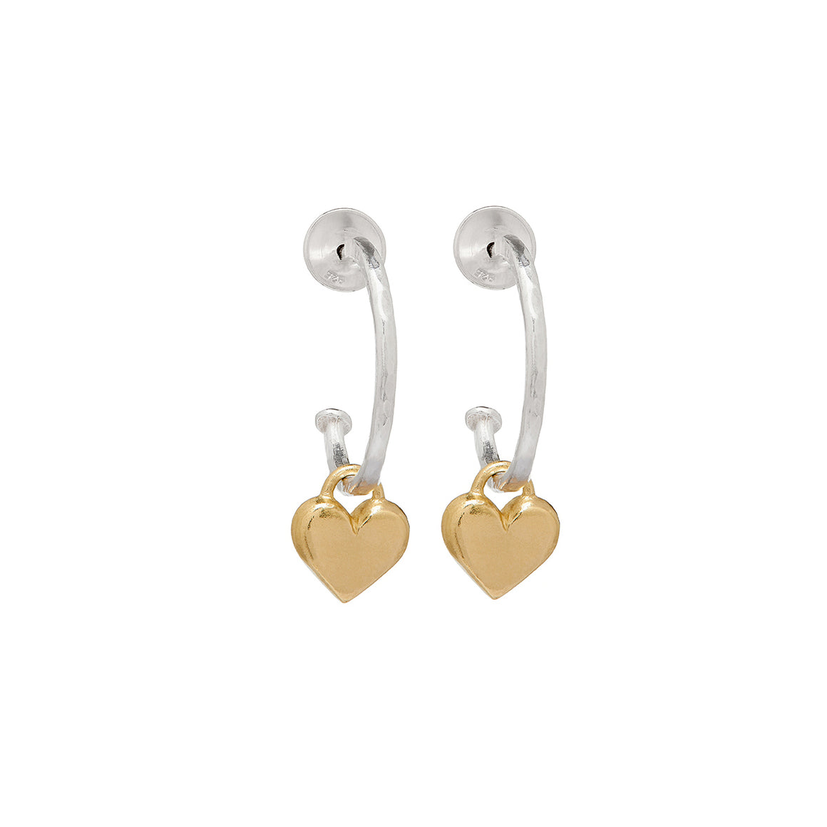 Small Silver Hoop Earrings With Solid Gold Hearts