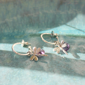 Small Silver Hoop Earrings With Amethyst And Dragonflies