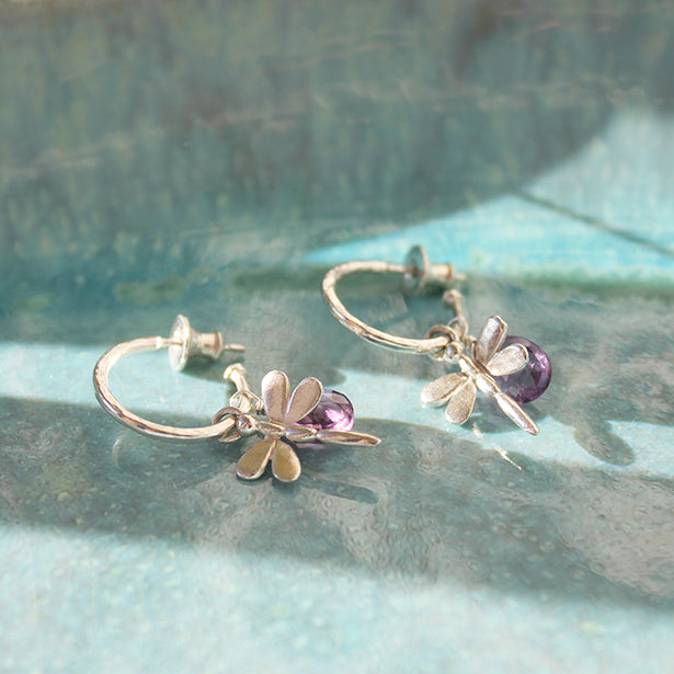 Small Silver Hoop Earrings With Amethyst And Dragonflies