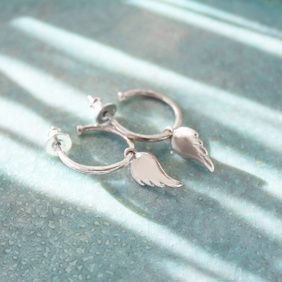 Small Silver Hoop Earrings With Baby Angel Wings