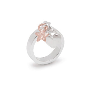 Stella Charm Ring With Rose Gold Star And Silver Heart