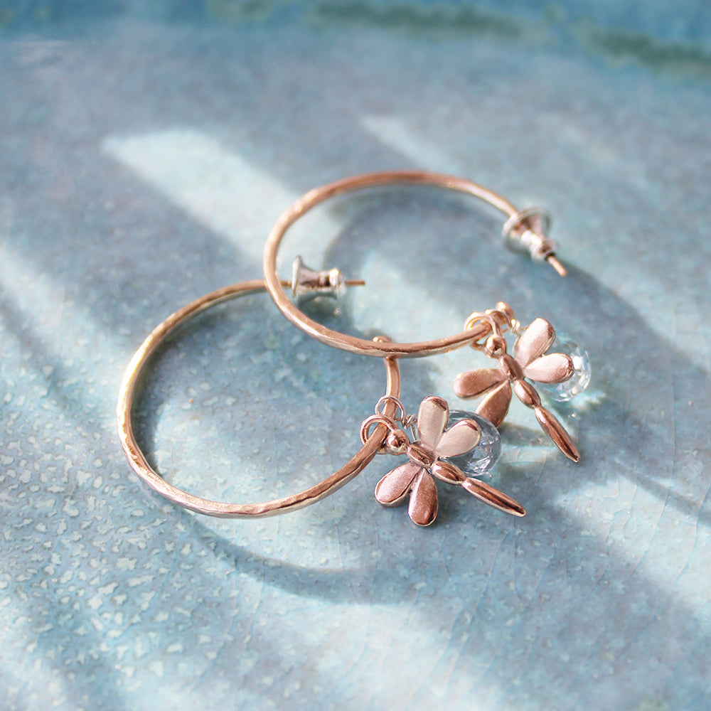 Rose Gold Hoop Earrings With Blue Topaz And Dragonflies