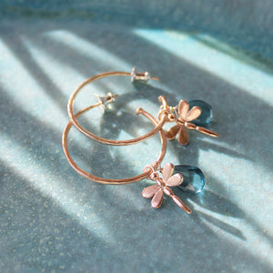 Rose Gold Hoop Earrings With London Blue Topaz And Dragonflies