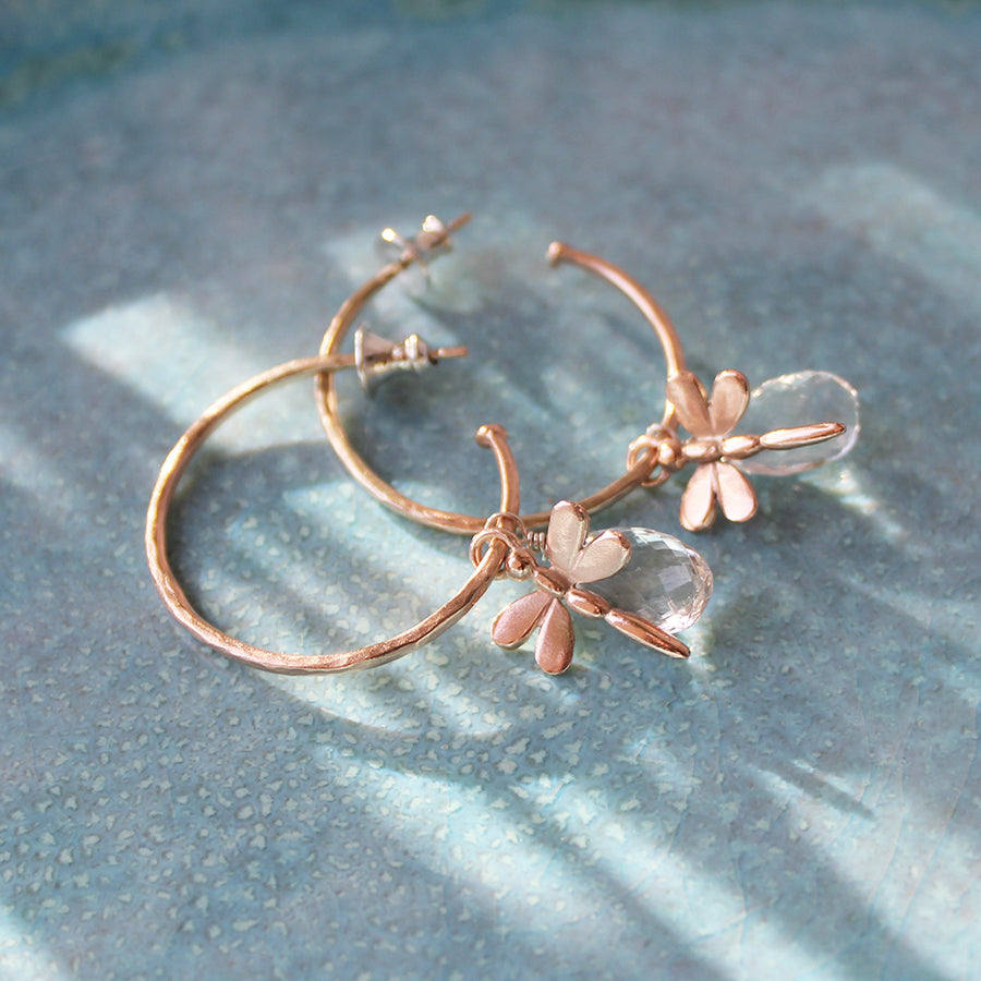 Rose Gold Hoop Earring With Crystal And Dragonflies