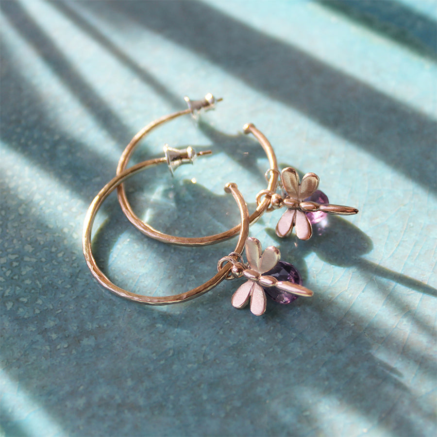 Rose Gold Hoop Earrings With Amethyst And Dragonflies