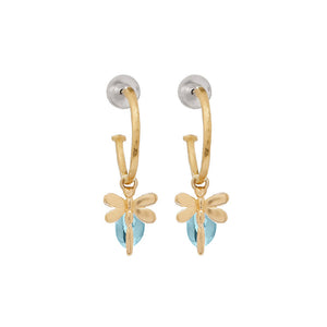 Small Gold Hoop Earrings With Blue Topaz And Dragonflies