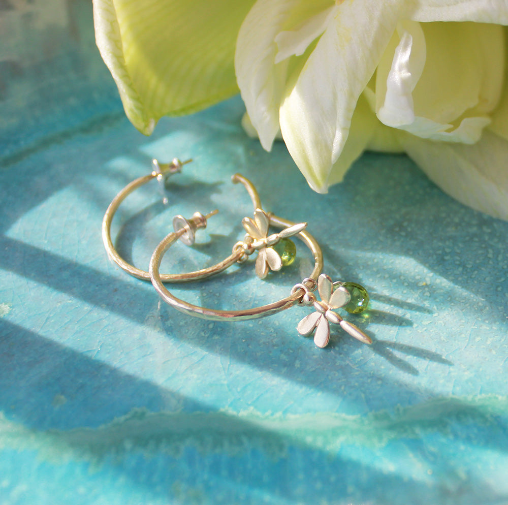 Gold Hoop Earrings With Peridot And Dragonflies