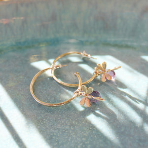 Gold Hoop Earrings With Amethyst And Dragonflies