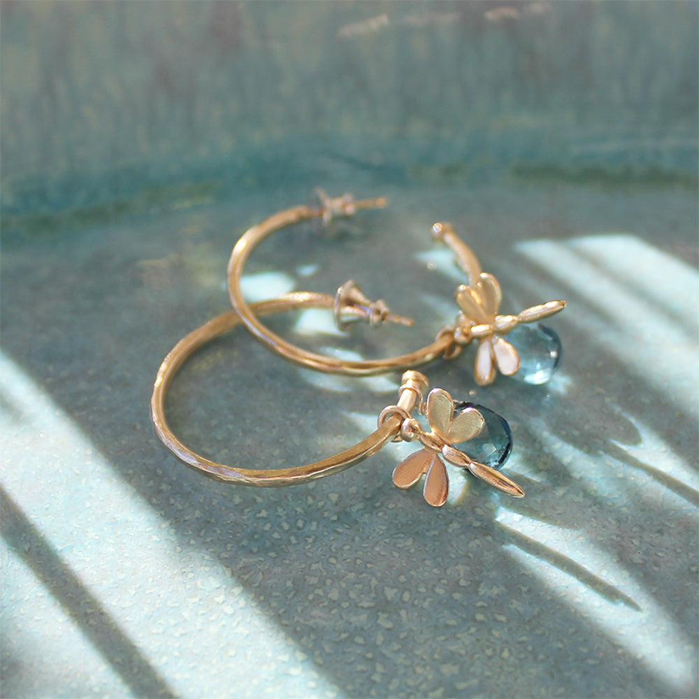 Gold Hoop Earrings With London Blue Topaz And Dragonflies