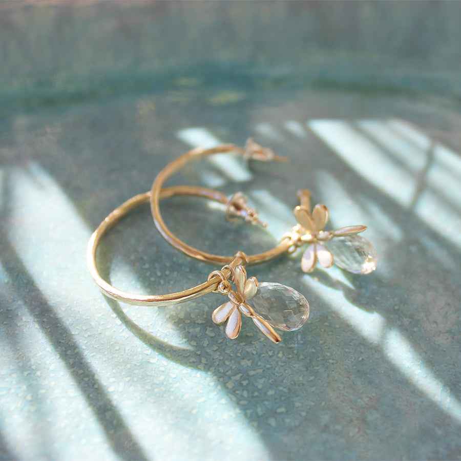 Gold Hoop Earrings With Crystal And Dragonflies