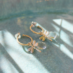 Small Gold Hoop Earrings With Crystal And Dragonflies