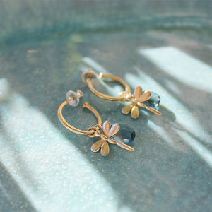 Small Gold Hoop Earrings With London Blue Topaz And Dragonflies