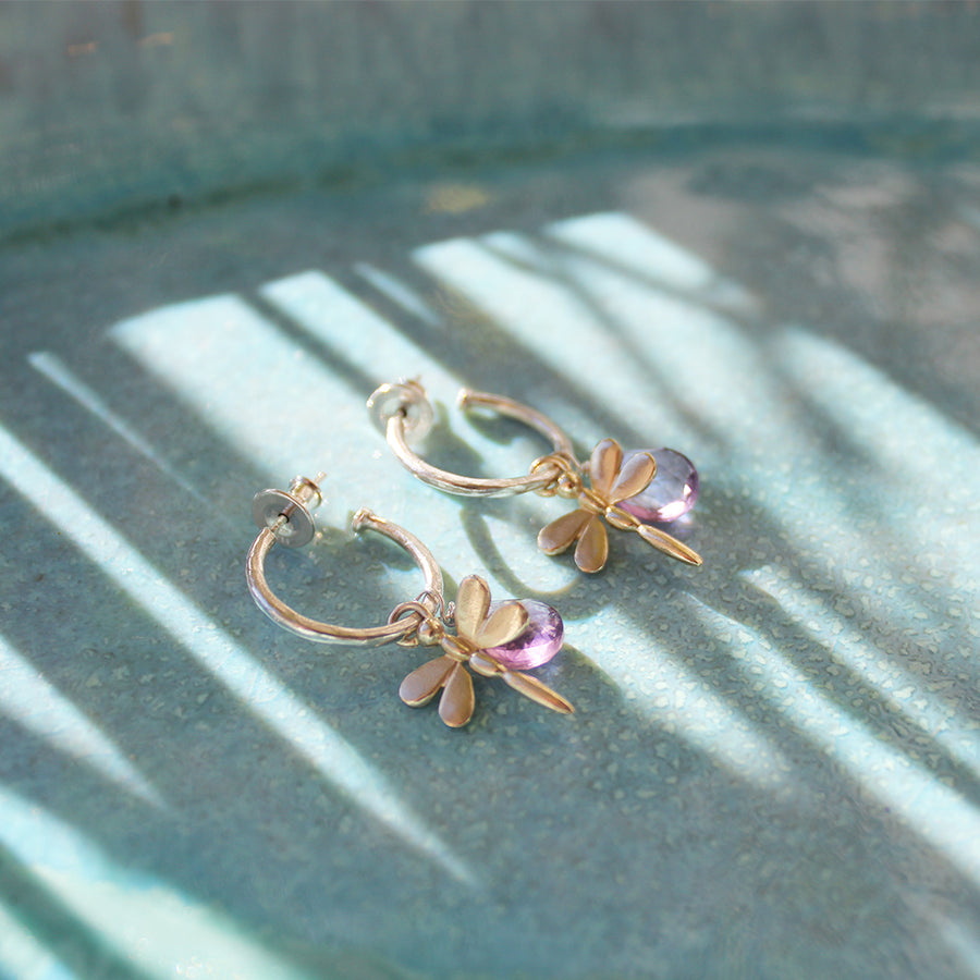 Small Silver Hoop Earrings With Amethyst And Gold Dragonflies