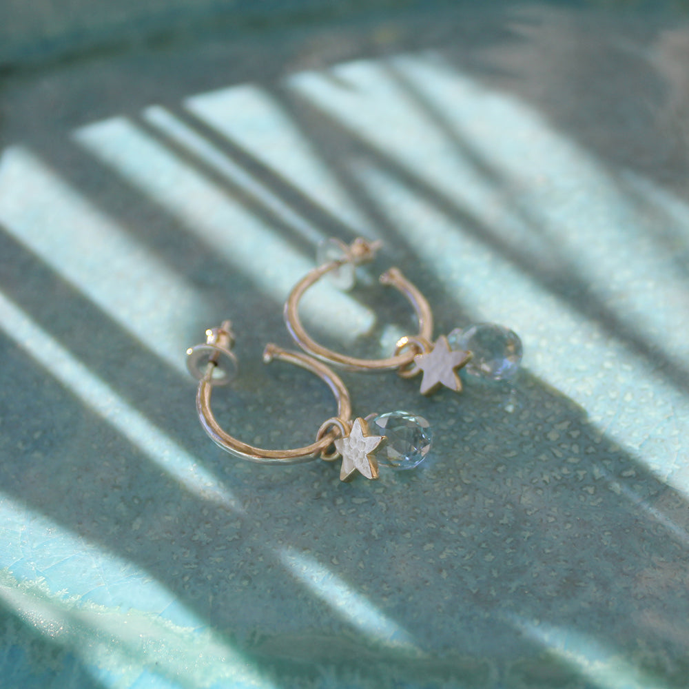 Small Silver Hoop Earrings With Blue Topaz And Gold Stars