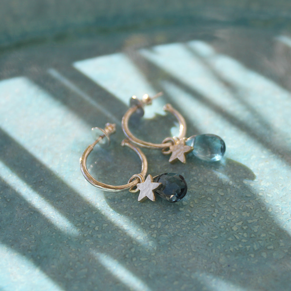 Small Gold Hoop Earrings With London Blue Topaz And Stars