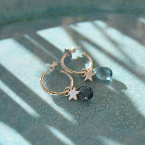 Small Silver Hoop Earrings With London Blue Topaz And Gold Stars