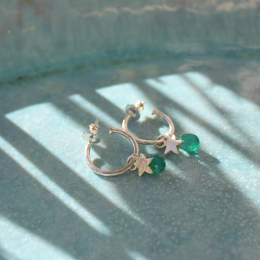 Small Silver Hoop Earrings With Green Chalcedony And Gold Stars