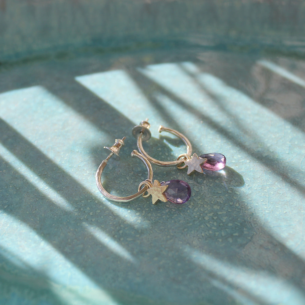 Small Silver Hoop Earrings With Amethyst And Gold Stars