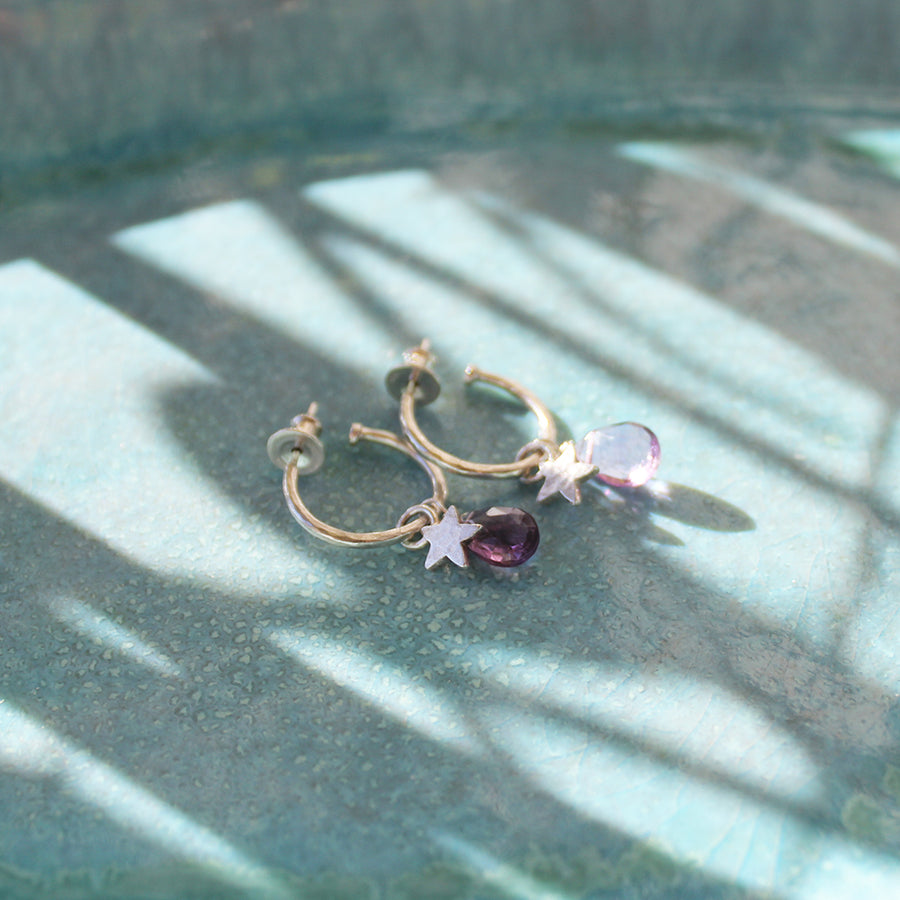 Small Silver Hoop Earrings With Amethyst And Stars