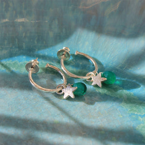 Small Silver Hoop Earrings With Green Chalcedony And Stars