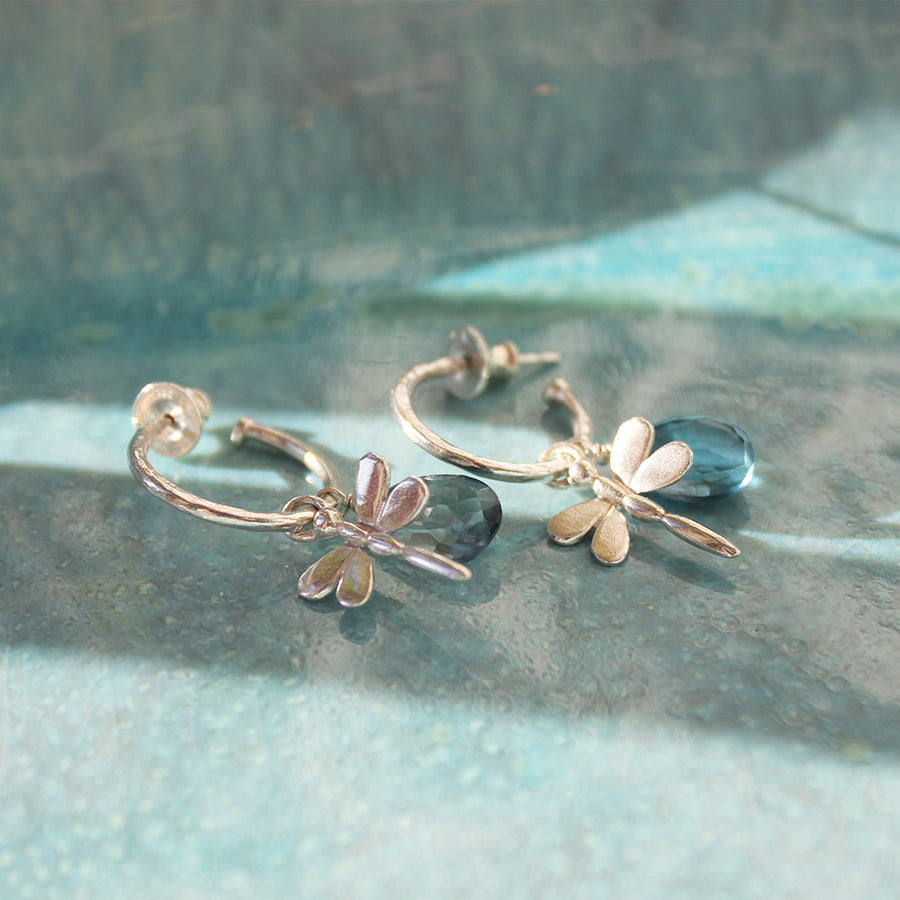 Small Silver Hoop Earrings With London Blue Topaz And Dragonflies