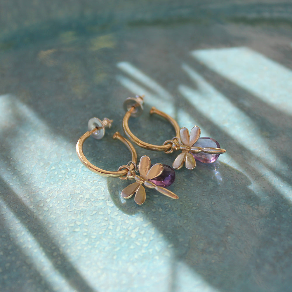 Small Gold Hoop Earrings With Amethyst And Dragonflies
