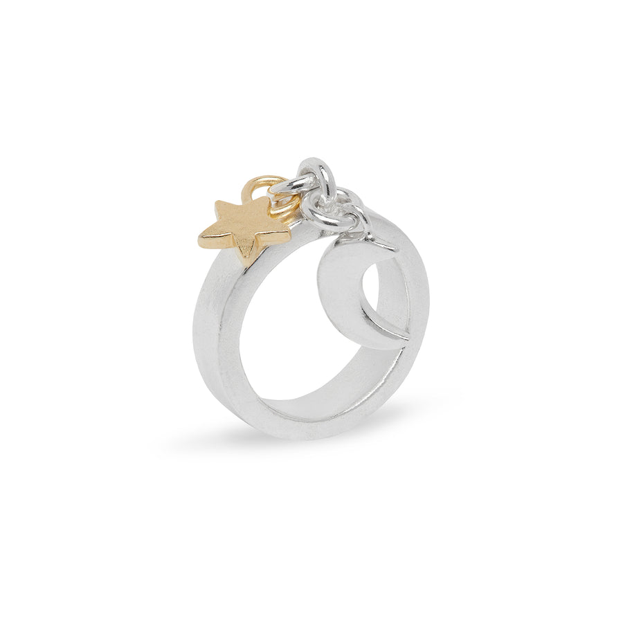 Stella Charm Ring With Gold Star And Silver Moon