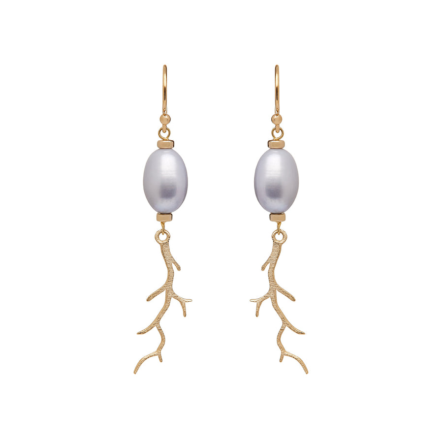 Grey Pearl Earrings With Delicate Coral