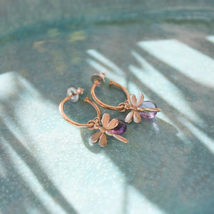 Small Rose Gold Hoop Earrings With Amethyst And Dragonflies