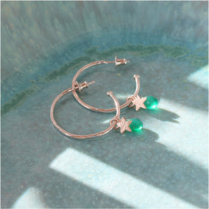 Rose Gold Hoop Earrings With Green Chalcedony And Stars