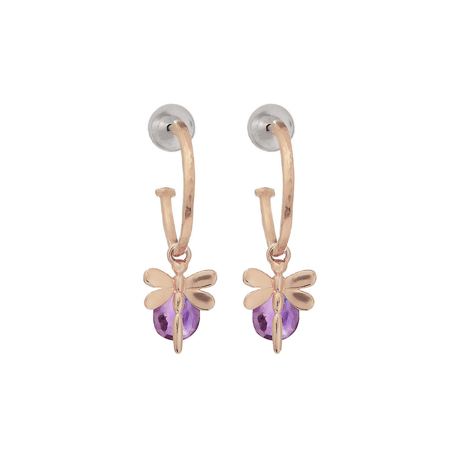 Small Rose Gold Hoop Earrings With Amethyst And Dragonflies