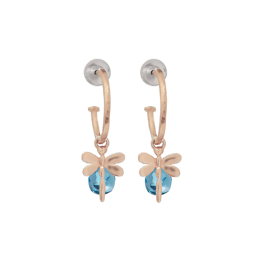 Small Rose Gold Hoop Earrings With London Blue Topaz And Dragonflies