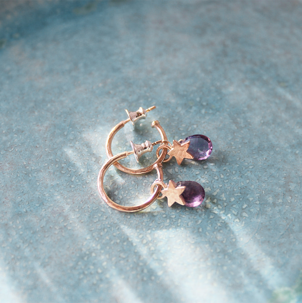 Small Rose Gold hoop Earrings With Amethyst And Stars