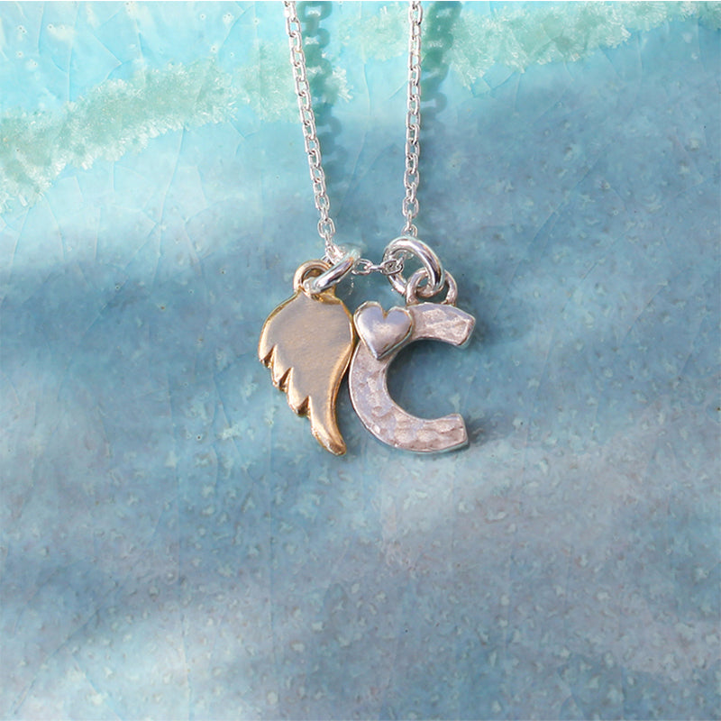 Initial C Necklace With Gold Angel Wing