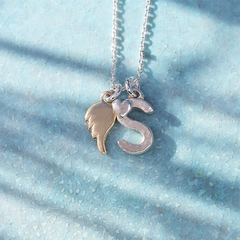 Initial S Necklace With Gold Angel Wing