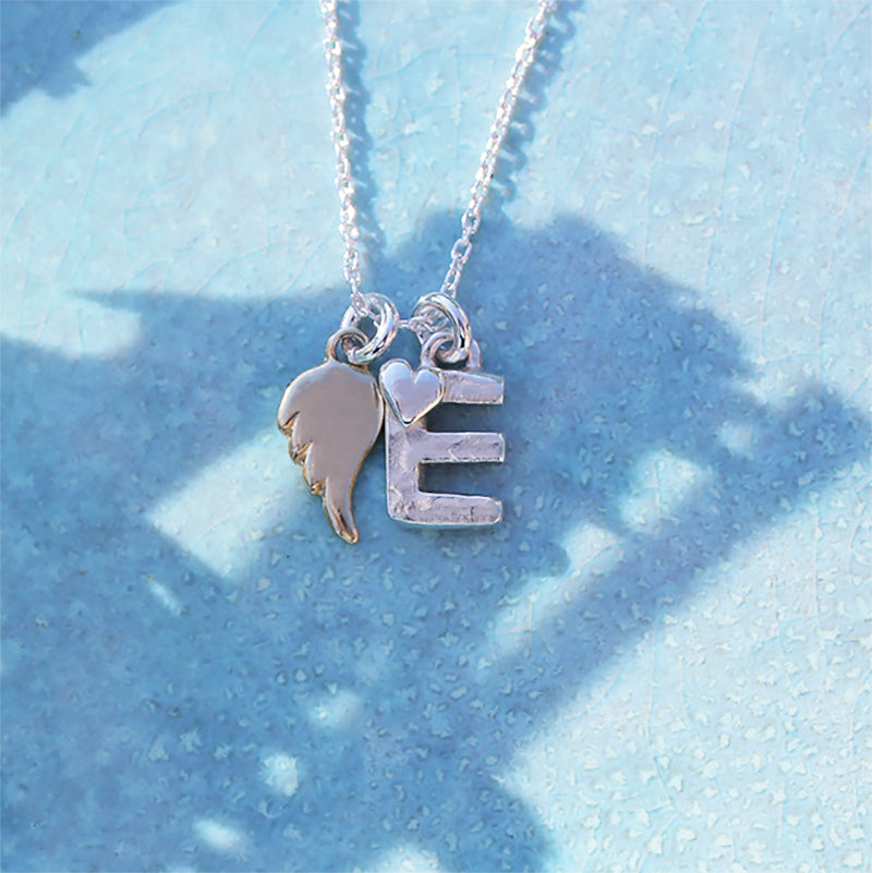 Initial E Necklace With Gold Angel Wing