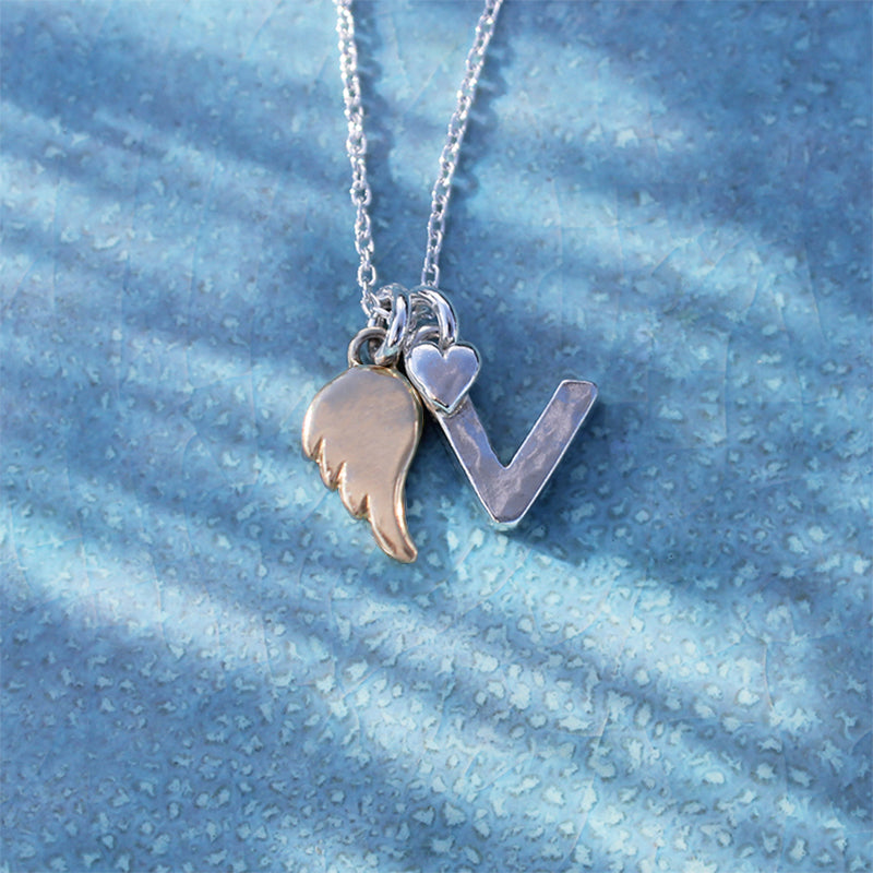 Initial V Necklace With Gold Angel Wing