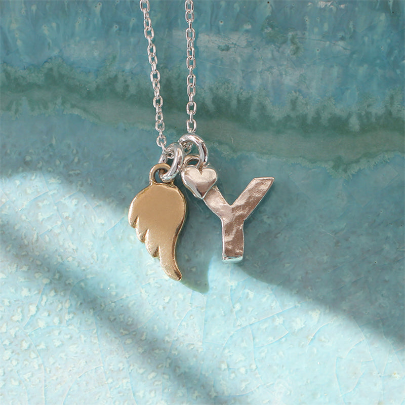 Initial Y necklace With Gold Angel Wing