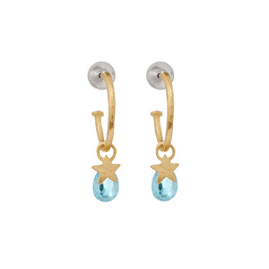 Small Gold Hoop Earrings With Blue Topaz And Stars