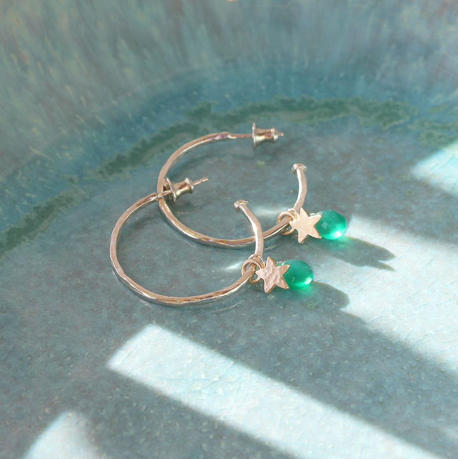 Gold Hoop Earrings With Green Chalcedony And Stars