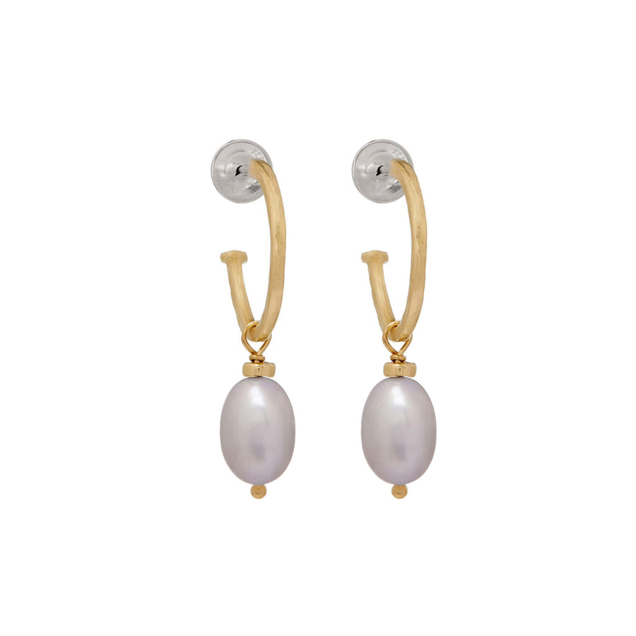 Gold Hoop Earrings With Grey Freshwater Pearls
