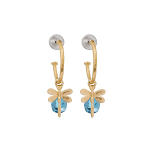 Small Gold Hoop Earrings With London Blue Topaz And Dragonflies